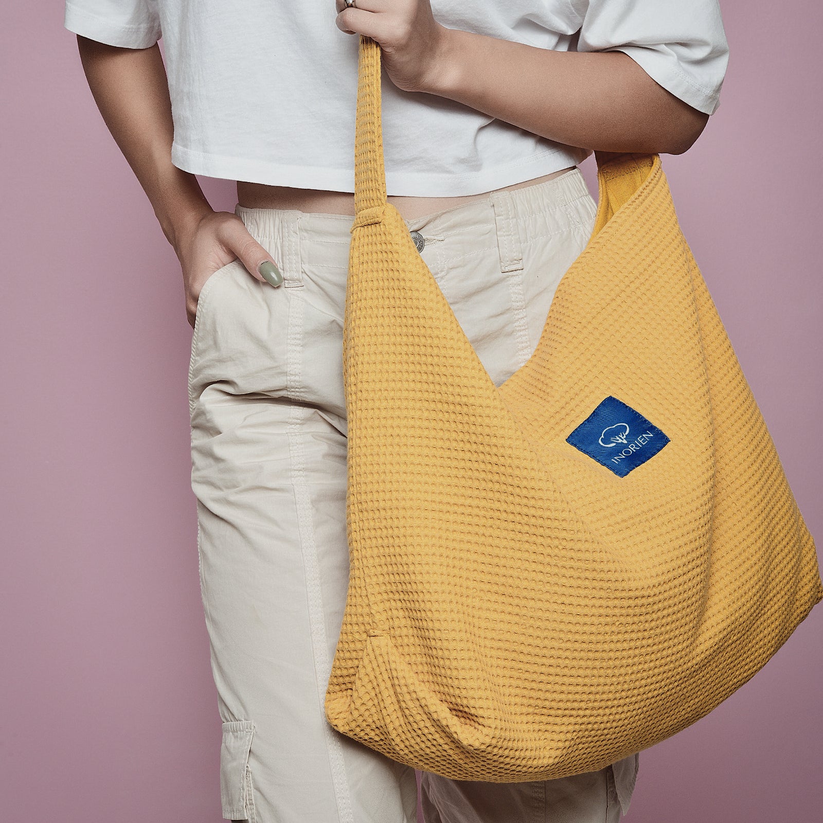 Inorien waffle dokulu tote alışveriş, plaj veya spor çantası modelli çekim