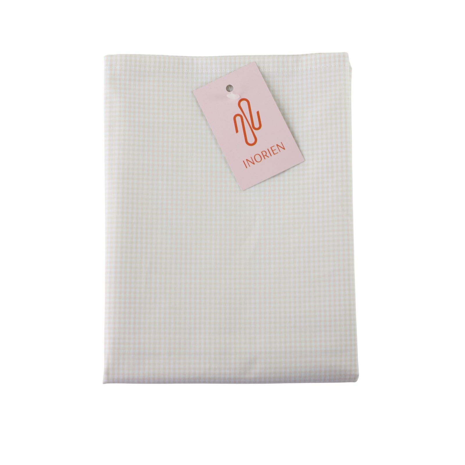 Inorien marka, 50x70 cm ölçülerinde, beyaz zemin üzerine mini bej pötikareli (gingham) desene sahip, 80 tel pamuk saten yastık kılıfı.