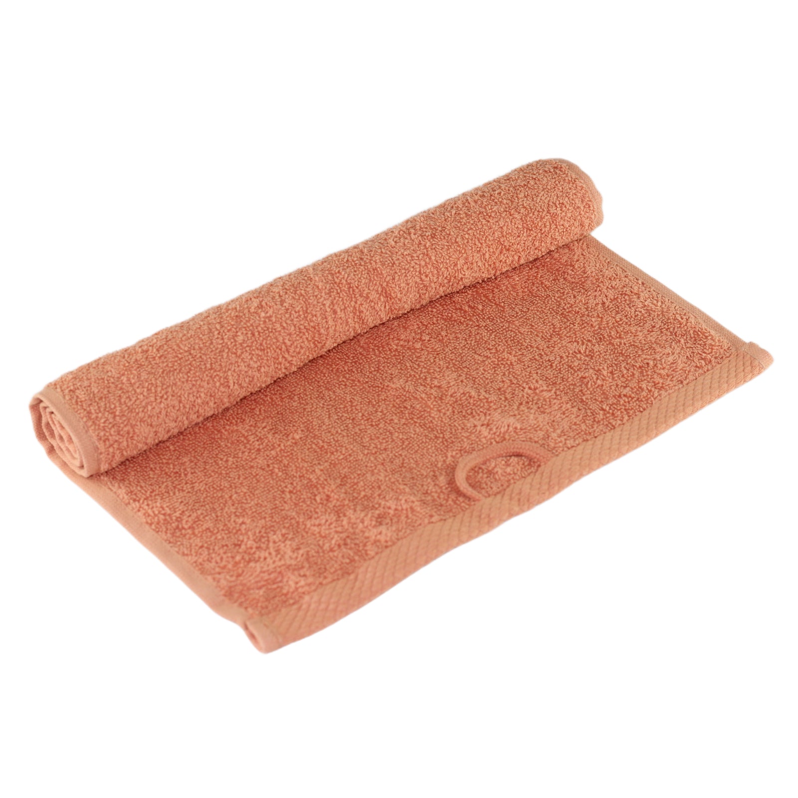 Inorien marka 500 gsm organik pamuk el ve yüz havlusu (30x50 cm), mercan renkte, yoğun dokusu görünecek şekilde katlanmış.